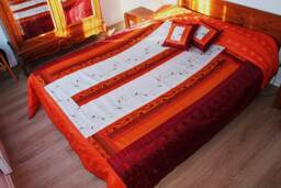 "Covers Bed in Assembled Fabrics, Ecru & Orange, Decorated ""Cotton Flowers"