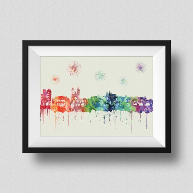 Prague Skyline Rainbow Watercolor Map Art Print Czech Republic Ink Splash Poster Canvas
