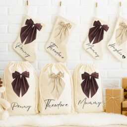 Rustic Brown Personalised Christmas Stockings With Bow - Decorations Handmade Natural Holiday Decor, Custom Family - thumbnail 2