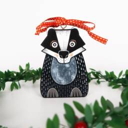 Handmade Badger Christmas Ornament Painted Pine Wood Holiday Decor - thumbnail 2