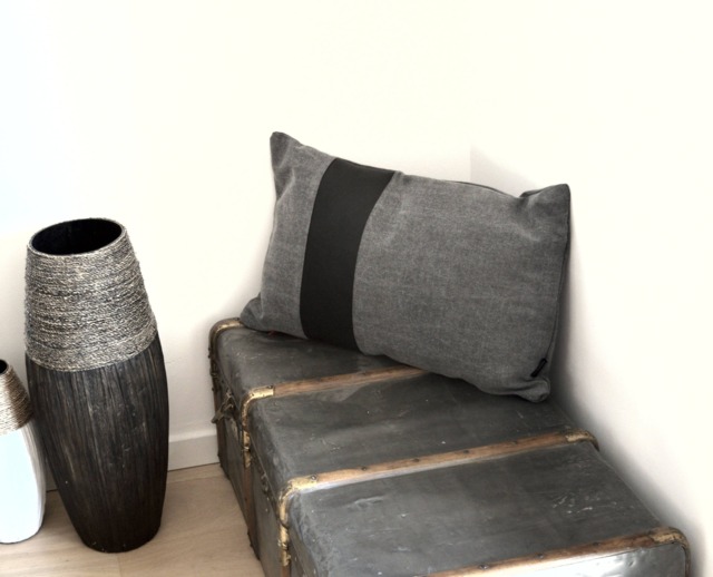 Handmade Gray Linen Pillow Cover Black Leather Stripe, French Chic - image 1