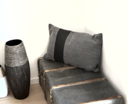 Handmade Gray Linen Pillow Cover Black Leather Stripe, French Chic