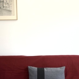 Handmade Gray Linen Pillow Cover Black Leather Stripe, French Chic - thumbnail 2
