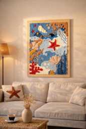 Submarine - Textured Ocean Tapestry Handmade Coastal Wall Decor With Shells - thumbnail 1