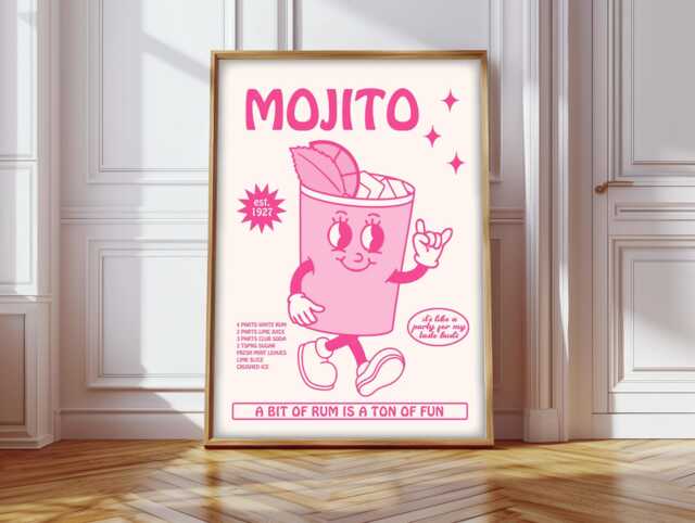 Retro Character Mojito Print, Cartoon Cocktail Print Retro, Poster, Bar Cart Decor - image 1