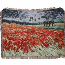 Van Gogh Poppy Field Woven Throw Blanket - Monet Inspired Landscape Tapestry Impressionist Floral Wall Art Large Cotton Fringe - thumbnail 2