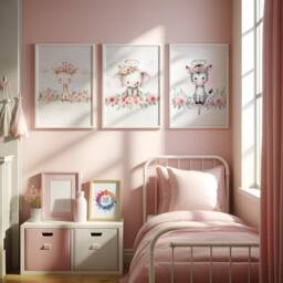 Girls Nursery Prints - Set Of 3 Safari Posters - Kids Animal Baby Girl Room Wall Art Kid Playroom Artwork Print Gift - thumbnail 2