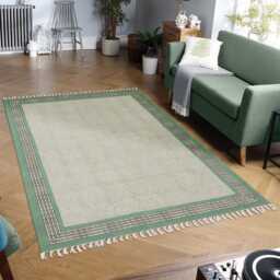 Handmade Block Printed Cotton Rug Green, Black, Boho Area Rug - thumbnail 2