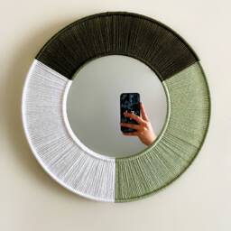 Green & White Macrame Mirror/Yarn Wall Hanging Nursery Dorm Decor Boho - thumbnail 2