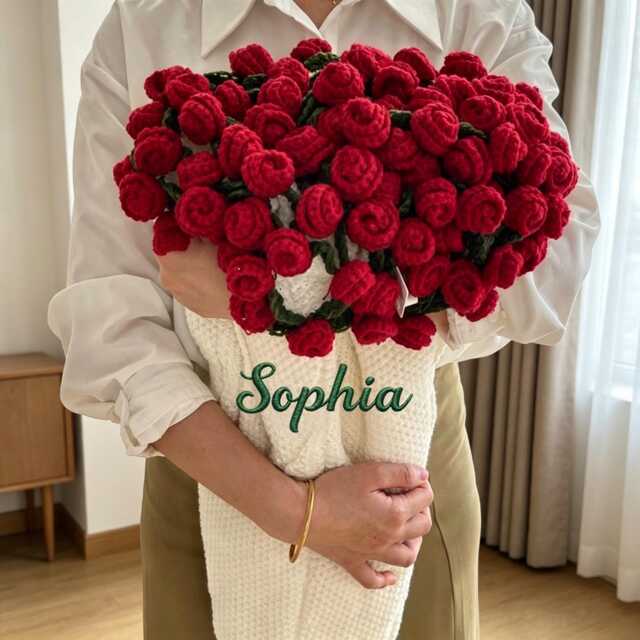 Personalized Crochet Rose Bouquet Blanket , Custom Embroidered Blanket, Mother's Day Gift - image 1