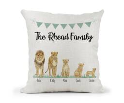Personalised Lion Family Cushion, Watercolour, Mummy Daddy Children, New Home Gift, Baby Lioness Cubs.. Watercolour - thumbnail 1