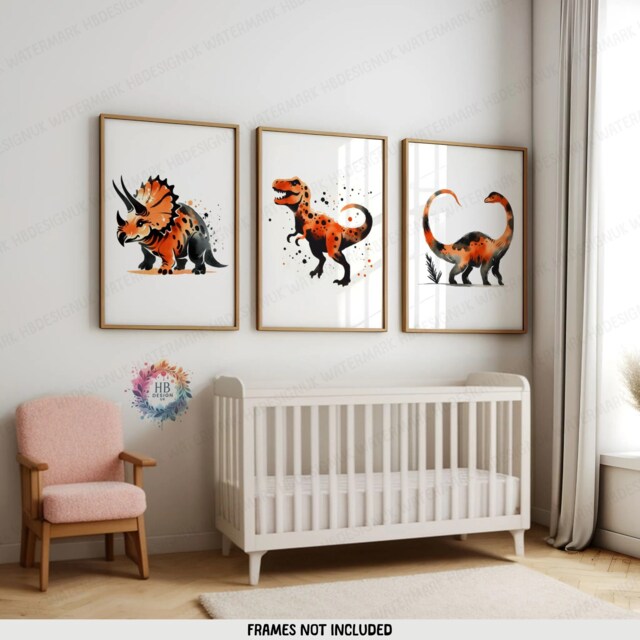Orange Dinosaur Wall Art - Set Of 3 Posters - Boys Bedroom Poster Nursery Dino Decor Childrens Prints Girls Kids Playroom Artwork - image 1