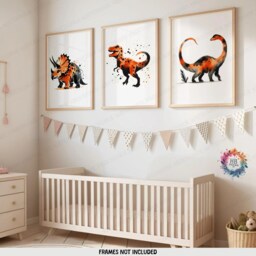 Orange Dinosaur Wall Art - Set Of 3 Posters - Boys Bedroom Poster Nursery Dino Decor Childrens Prints Girls Kids Playroom Artwork - thumbnail 2