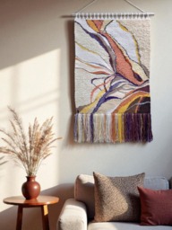 Handmade Fiber Art Wall Hanging - Colorful Boho Tapestry With Fringe - thumbnail 1