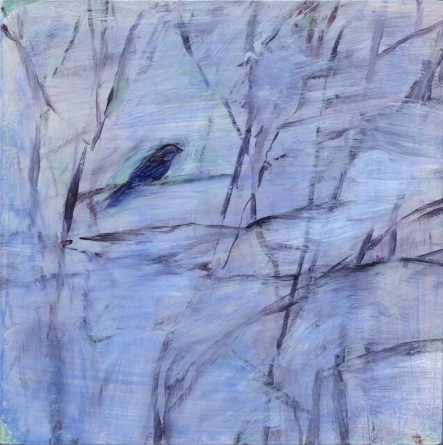 Purple Bird On Lavender & White - Winter Scene - Original Painting By Irene Stapleford