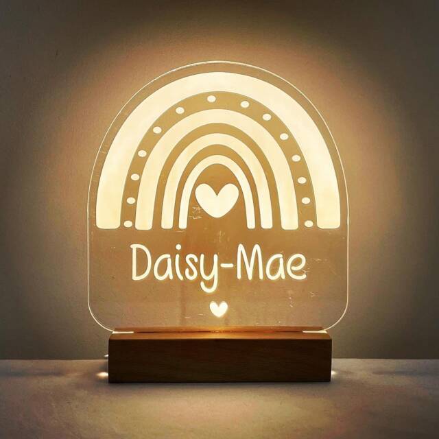 Personalised Name Rainbow Led Night Light Lamp - New Baby Gift Nursery Sweet Dreams Nightlight Custom Engraved Beech