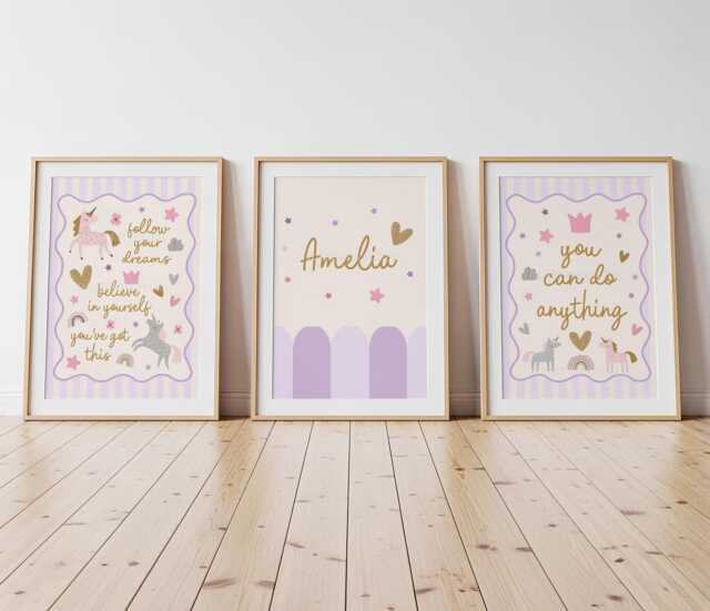 Lilac & Purple Unicorn Prints, Personalised, Tween Wall Artwork, Little Girls Bedroom Custom Name - image 1