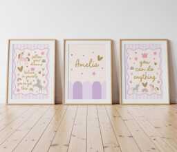 Lilac & Purple Unicorn Prints, Personalised, Tween Wall Artwork, Little Girls Bedroom Custom Name - thumbnail 1