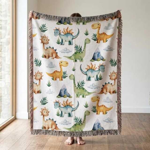 Personalized Dinosaur Woven Blanket, Custom Dino Baby Nursery Throw, Cute Boy Shower Gift - image 1