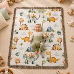Personalized Dinosaur Woven Blanket, Custom Dino Baby Nursery Throw, Cute Boy Shower Gift - thumbnail 3