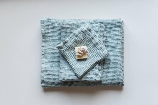 Set Of 3 Light Blue Linen Waffle Weave Bath Towels Towel, Hand Towel & Washcloth, A Perfect Gift For Everyone - image 1