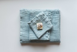 Set Of 3 Light Blue Linen Waffle Weave Bath Towels Towel, Hand Towel & Washcloth, A Perfect Gift For Everyone - thumbnail 1