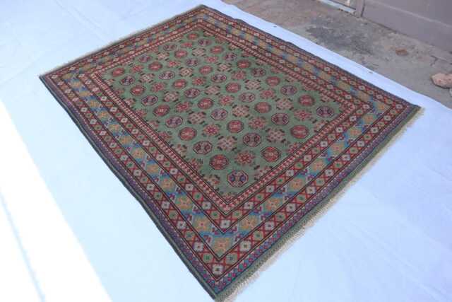 Green Bokhara Rug 5x7 Ft Afghan Hand Knotted Veg Dyes Wool Area Rug, Oriental Turkmen Tribal Bukhara Bedroom, Living Room Carpet - image 1