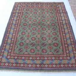 Green Bokhara Rug 5x7 Ft Afghan Hand Knotted Veg Dyes Wool Area Rug, Oriental Turkmen Tribal Bukhara Bedroom, Living Room Carpet - thumbnail 2