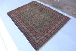 Green Bokhara Rug 5x7 Ft Afghan Hand Knotted Veg Dyes Wool Area Rug, Oriental Turkmen Tribal Bukhara Bedroom, Living Room Carpet - thumbnail 1