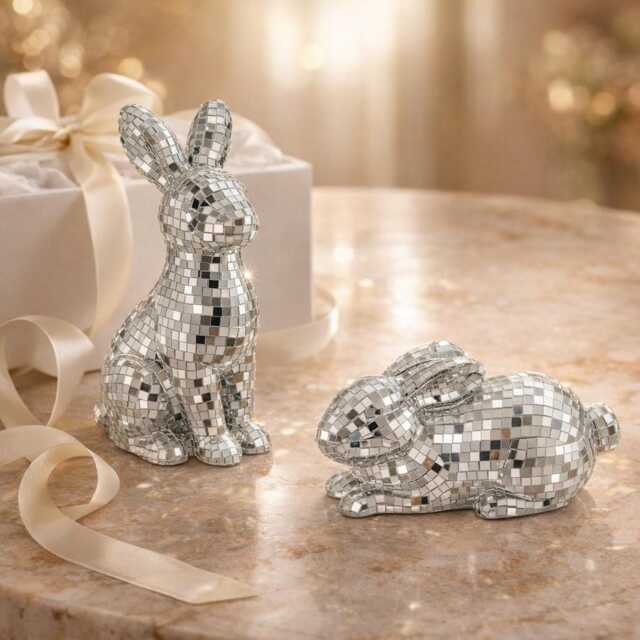 Mirror Mosaic Bunny Figurine - Silver Decor Ornament Sparkle Home Accent Freestanding Rabbit Statement Gift Personalised Option - image 1