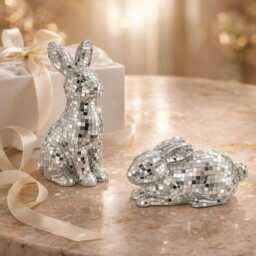 Mirror Mosaic Bunny Figurine - Silver Decor Ornament Sparkle Home Accent Freestanding Rabbit Statement Gift Personalised Option - thumbnail 1