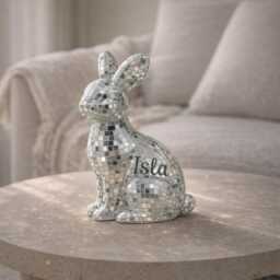 Mirror Mosaic Bunny Figurine - Silver Decor Ornament Sparkle Home Accent Freestanding Rabbit Statement Gift Personalised Option - thumbnail 4
