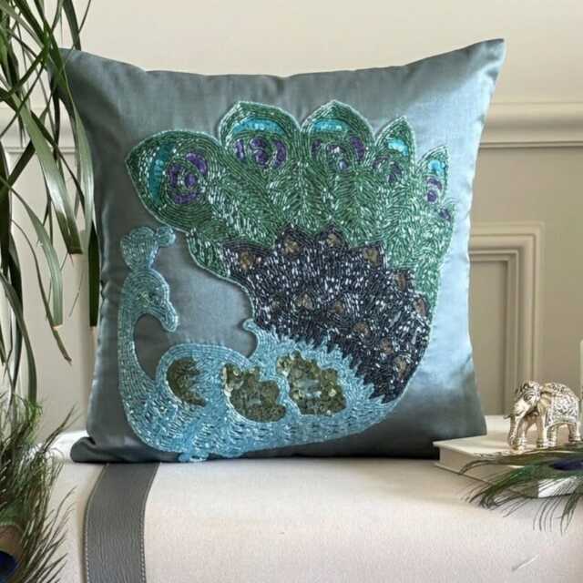 Blue Art Silk Beaded Birds Pattern Traditional Peacock Throw Pillow Cover - Dancing - image 1