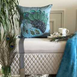 Blue Art Silk Beaded Birds Pattern Traditional Peacock Throw Pillow Cover - Dancing - thumbnail 2