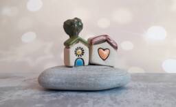 Small Ceramic Houses Sculpture Of Two Tint & A Tree On Beach Stone