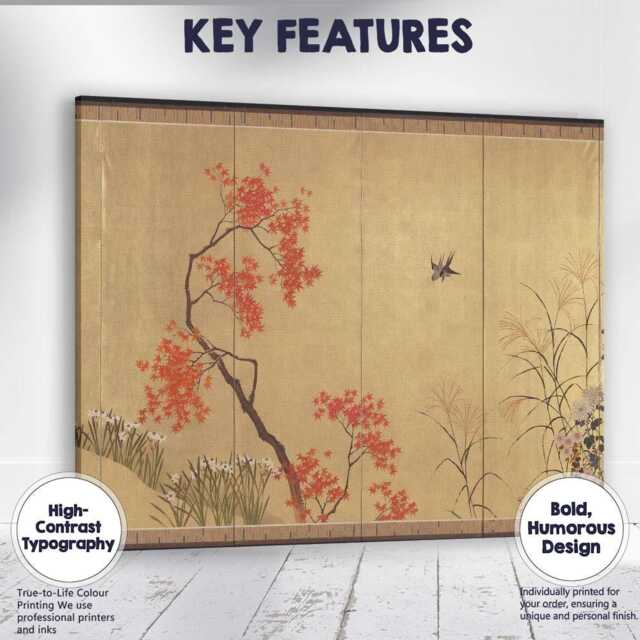 Japanese Autumn Maple Tree Decorative Folding Screen Art Canvas Wall Print Decor Picture Ready To Hang - image 1