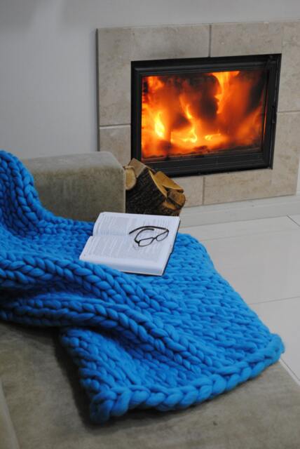 Hand Knit Chunky Merino Wool Blanket, Light Blue Throw - image 1