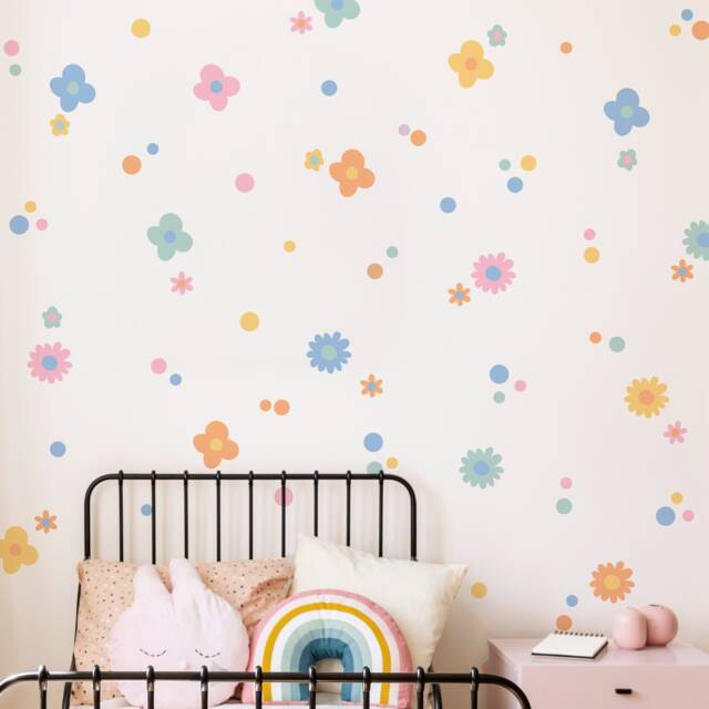 Funky Floral Wall Decals - Pastel Flower Stickers For Kids Bedroom, Nursery, Playroom PVC Free, No Odour Removable Fabric Decal