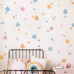 Funky Floral Wall Decals - Pastel Flower Stickers For Kids Bedroom, Nursery, Playroom PVC Free, No Odour Removable Fabric Decal - thumbnail 1