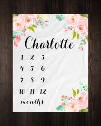 Personalized Milestone Blanket Month Growth Tracker Minky Fleece Custom Girl Baby Shower Gift Watercolor Floral Newborn - thumbnail 1