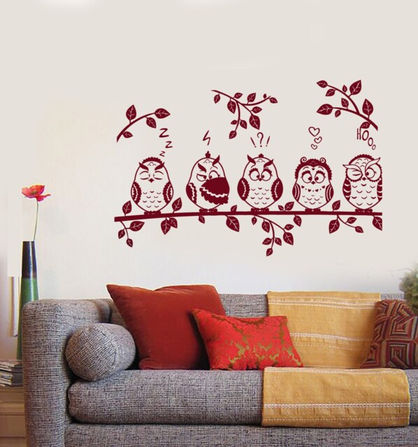 Wall Vinyl Decal Birds Baby Owls Sitting On A Tree Branch Cute Nursery Modern Home Decor - #1093Dz - image 1