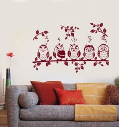 Wall Vinyl Decal Birds Baby Owls Sitting On A Tree Branch Cute Nursery Modern Home Decor - #1093Dz - thumbnail 1