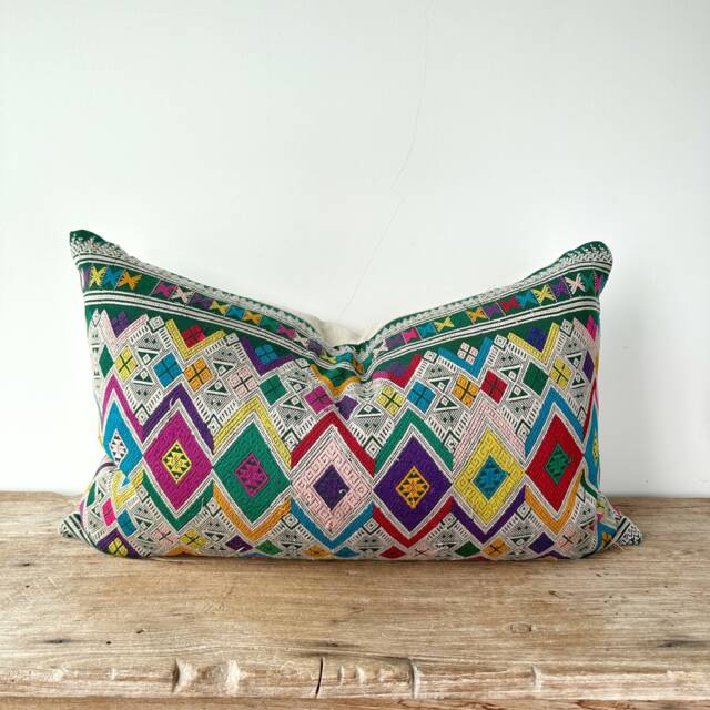 "Handmade Hmong Hemp Pillow Cover Ethnic Tribal Embroidery - 16"" X 26" - image 1