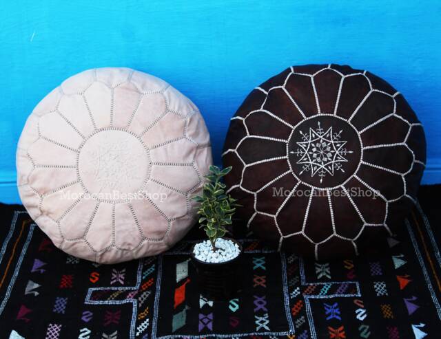 Set Of 2 Moroccan Leather Pouf Handmade Luxury Floor Ottoman - image 1