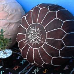 Set Of 2 Moroccan Leather Pouf Handmade Luxury Floor Ottoman - thumbnail 2