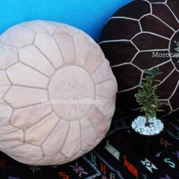 Set Of 2 Moroccan Leather Pouf Handmade Luxury Floor Ottoman - thumbnail 3