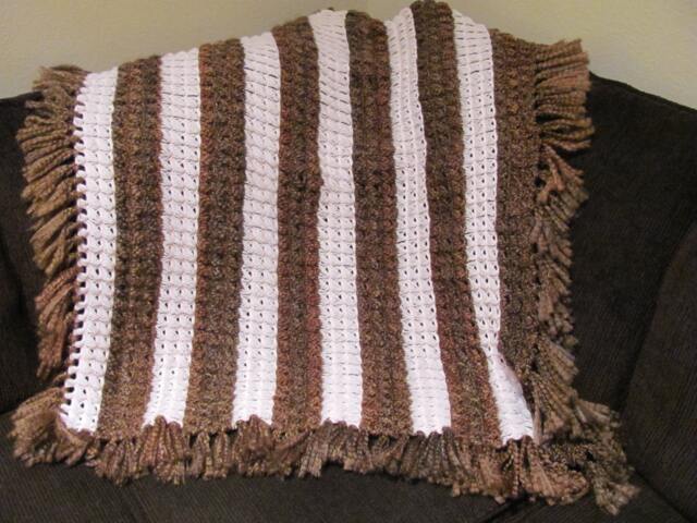 Handmade Crochet Baby Blanket, Brown White Stripes, Broomstick Stitch, Acrylic Polyester Blend - image 1