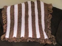 Handmade Crochet Baby Blanket, Brown White Stripes, Broomstick Stitch, Acrylic Polyester Blend