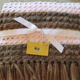 Handmade Crochet Baby Blanket, Brown White Stripes, Broomstick Stitch, Acrylic Polyester Blend - thumbnail 2