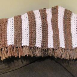 Handmade Crochet Baby Blanket, Brown White Stripes, Broomstick Stitch, Acrylic Polyester Blend - thumbnail 4